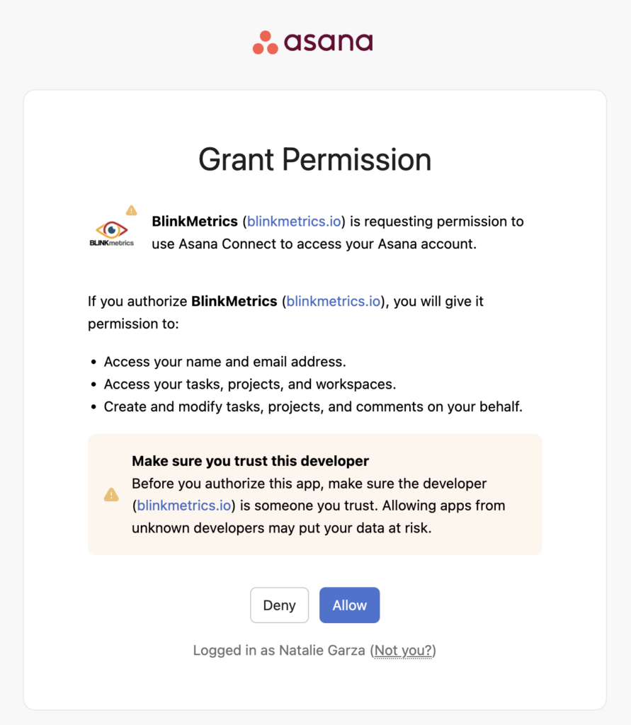 Grant Permission to connect to Asana page, "BlinkMetrics is requesting permission to use Asana Connect to access your Asana account.".