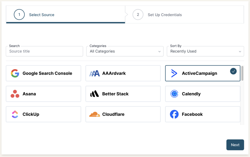 ActiveCampaign selected as a Source in the Connection stepper interface.